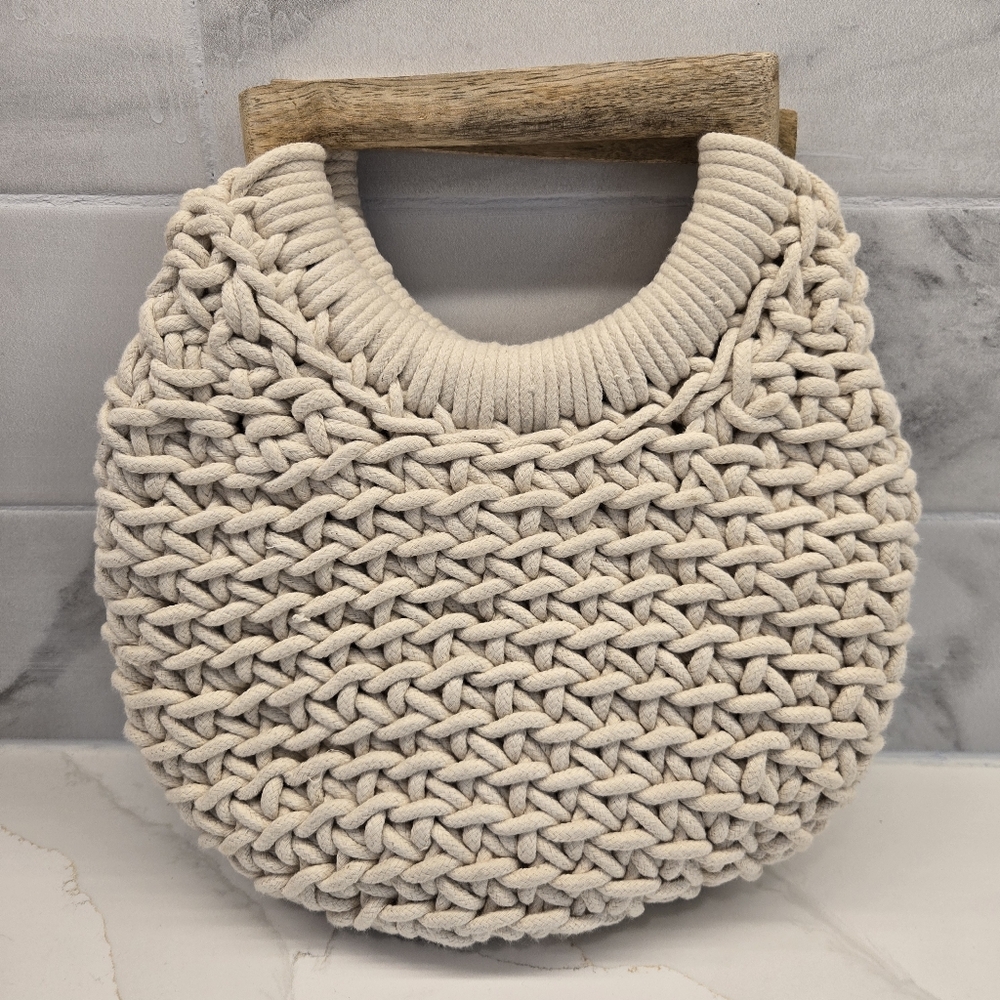 Beachy‎ Boho Woven Ocean Blue Purse with Wooden Handles